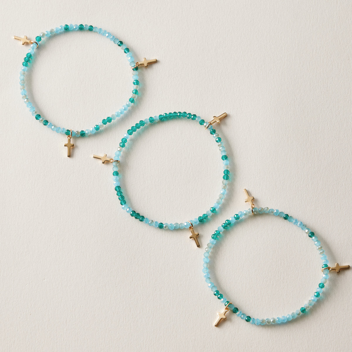 Gold Cross Charm Crystal Stretch Bracelet Stack Set