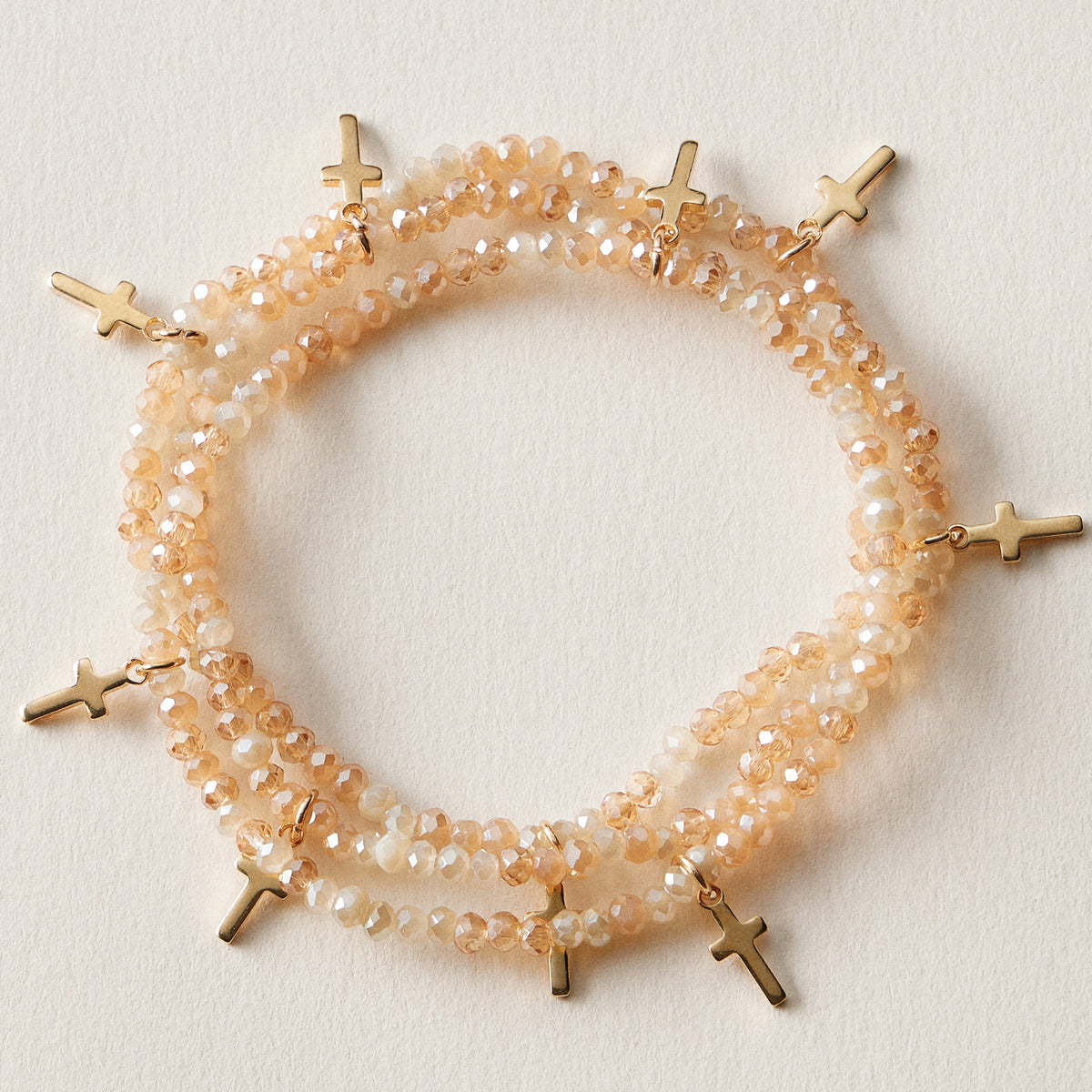 Gold Cross Charm Crystal Stretch Bracelet Stack Set