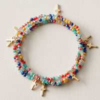 Gold Cross Charm Crystal Stretch Bracelet Stack Set