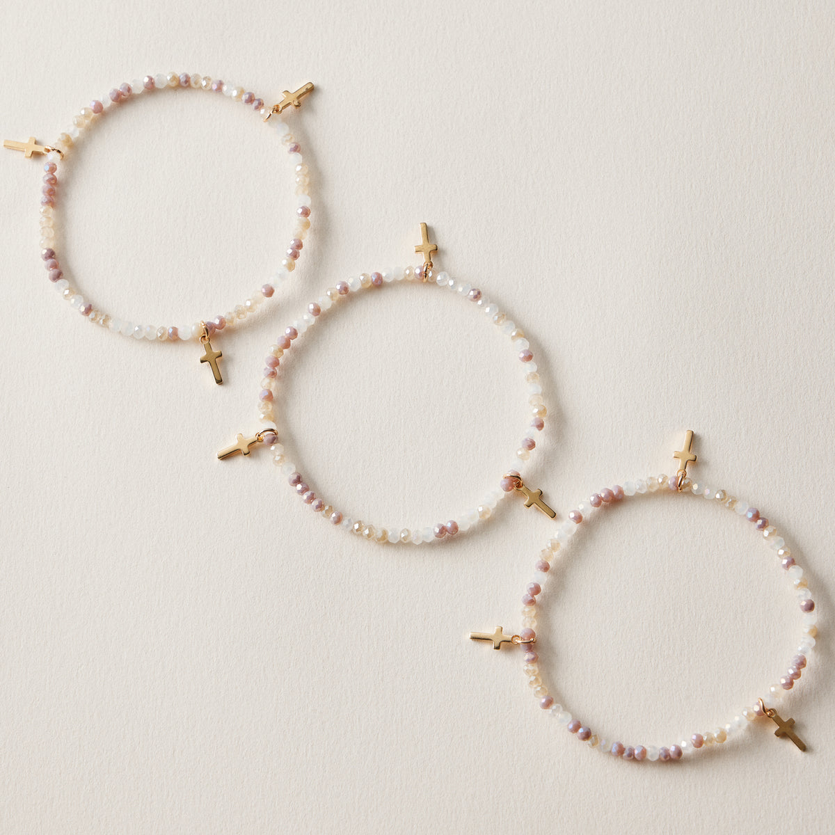 Gold Cross Charm Crystal Stretch Bracelet Stack Set