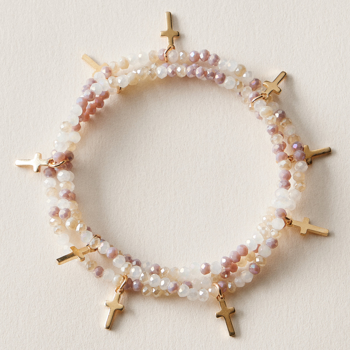 Gold Cross Charm Crystal Stretch Bracelet Stack Set