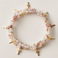 Gold Cross Charm Crystal Stretch Bracelet Stack Set