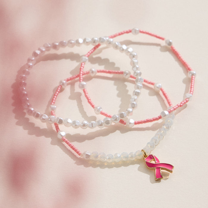 Awareness Pink Ribbon Beaded Bracelet Set