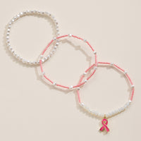 Awareness Pink Ribbon Beaded Bracelet Set