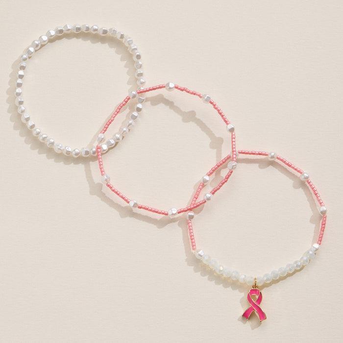 Awareness Pink Ribbon Beaded Bracelet Set