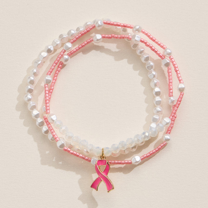 Awareness Pink Ribbon Beaded Bracelet Set
