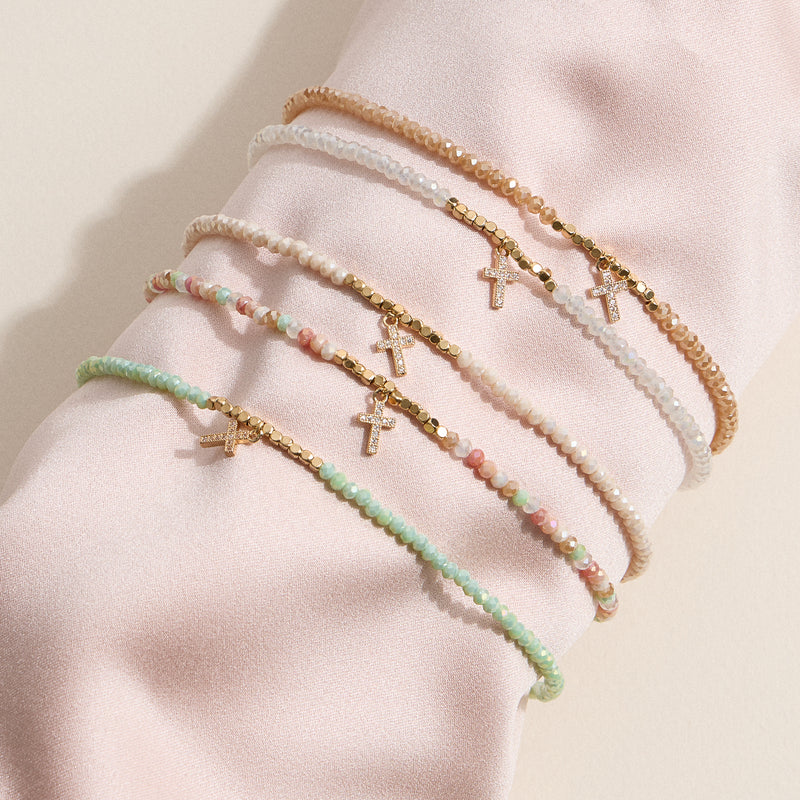 Faceted Bead Anklet with Gold Cross Charm