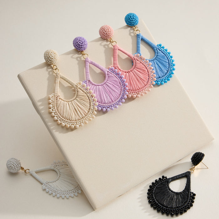 Raffia Teardrop Statement Earrings – Lightweight Beaded Dangle Earrings