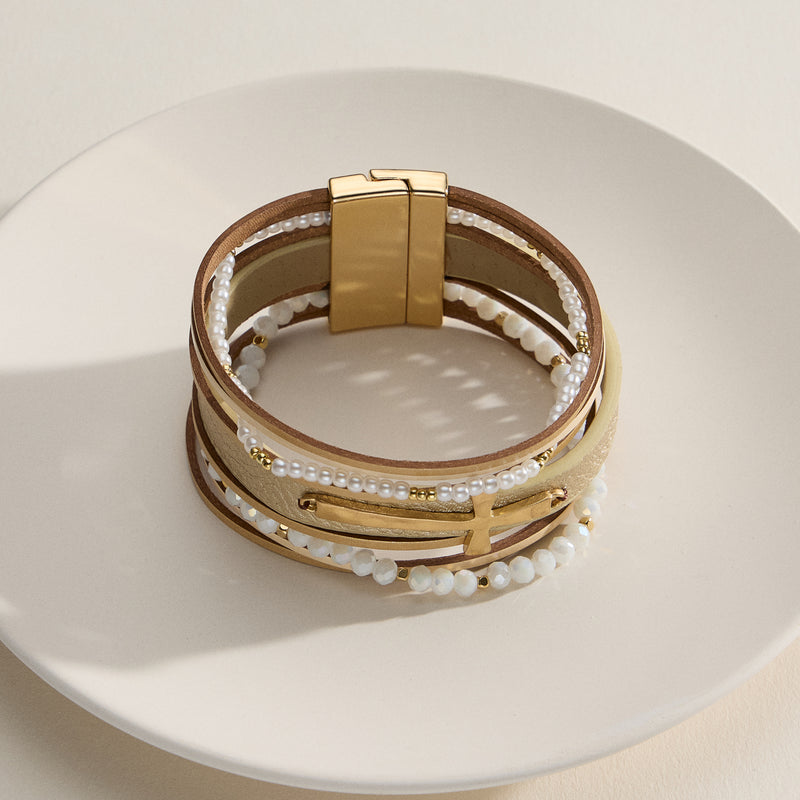 Natural Stone Cross Wrap Bracelet – Multi-Strand Faith-Inspired Cuff