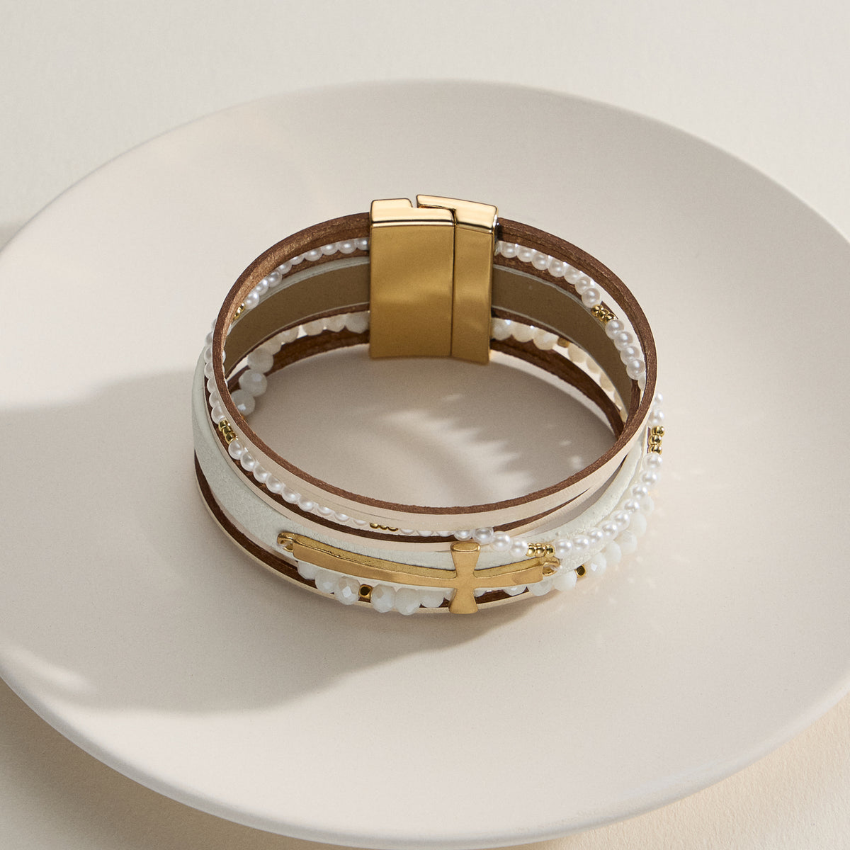 Natural Stone Cross Wrap Bracelet – Multi-Strand Faith-Inspired Cuff