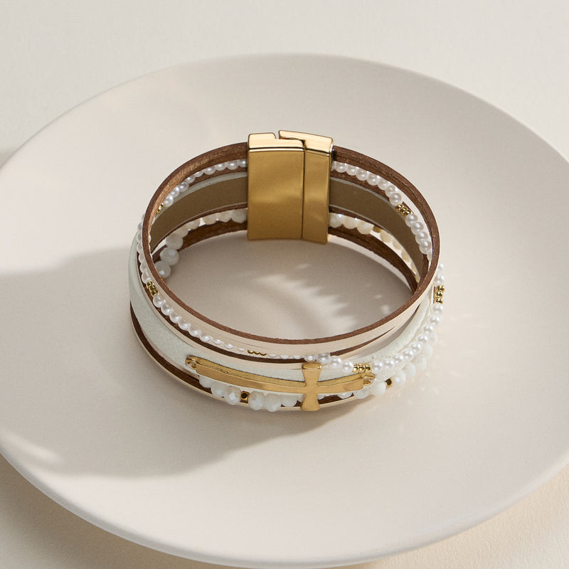 Natural Stone Cross Wrap Bracelet – Multi-Strand Faith-Inspired Cuff