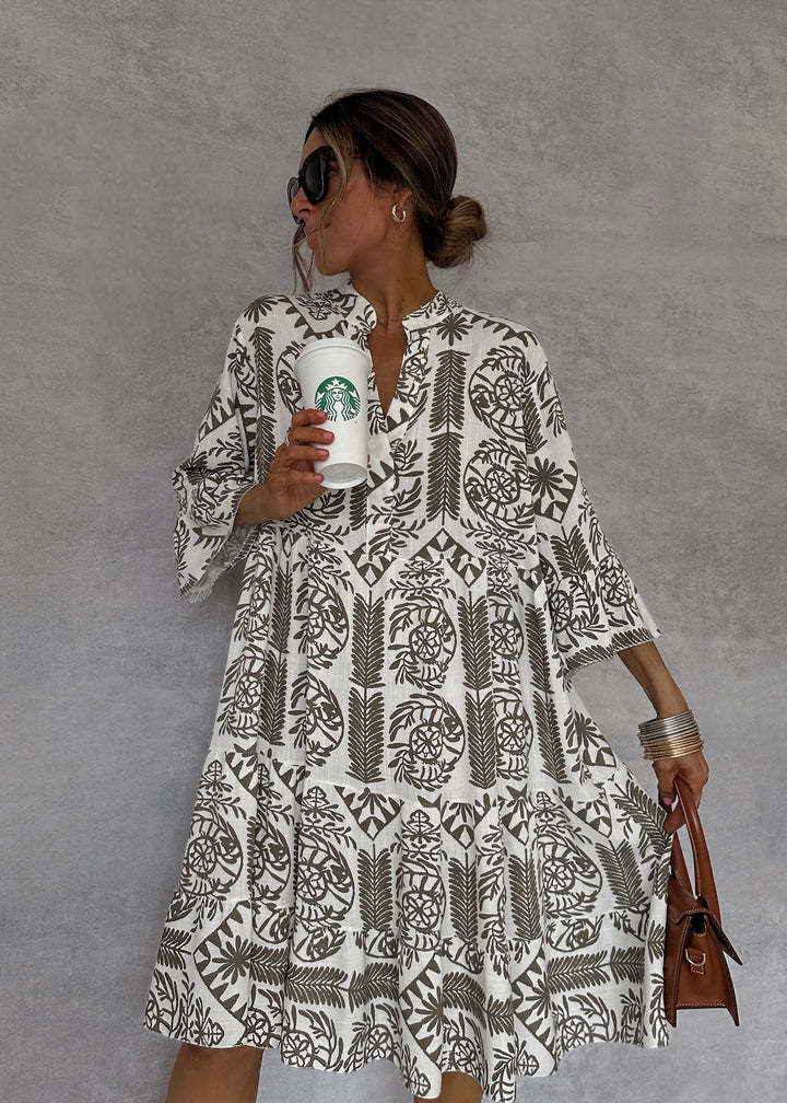 Printed 3/4 Sleeve Casual Shirt Dress