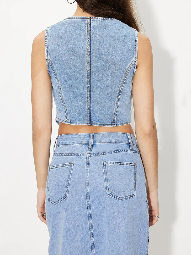 V-Neck Denim Button Vest Top