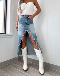 High-Waist Asymmetric Raw Hem Denim Skirt