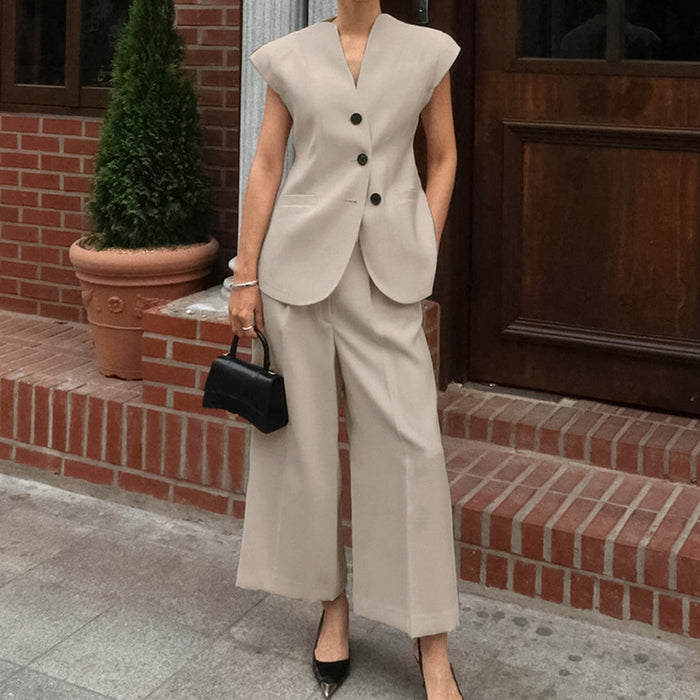 Khaki Retro V-Neck Outfit sets