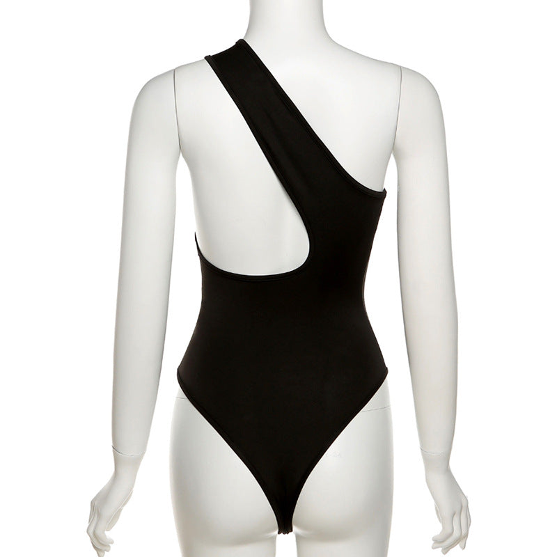 Summer New Women Clothing Fashion Sexy Oblique Shoulder Hollow Out Cutout Slim Solid Color Bodysuit Women