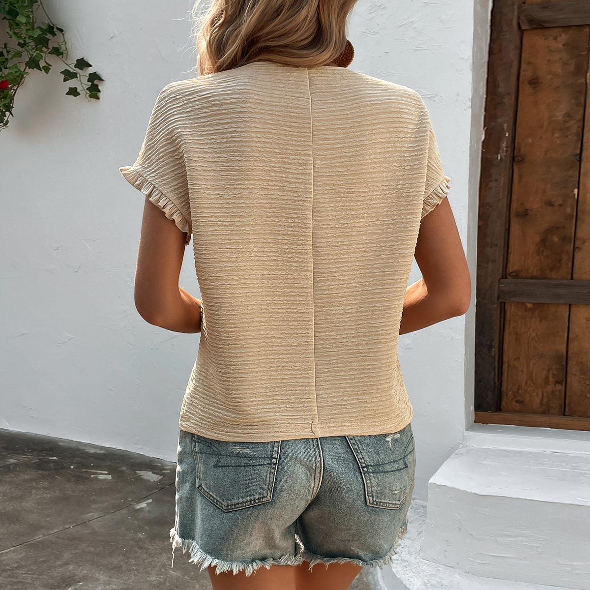 Slim Fit Knit Top with Ruffle Detail