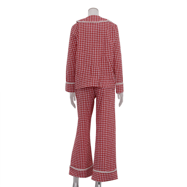 Plaid Lace-Up Top & Wide-Leg Pants Pajamas Set