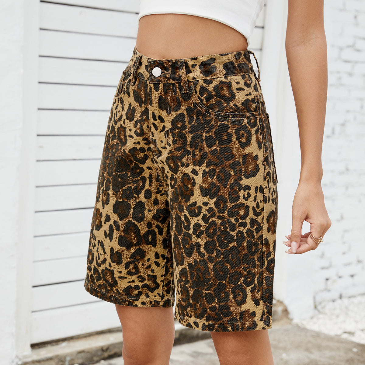 Leopard Print Denim Shorts