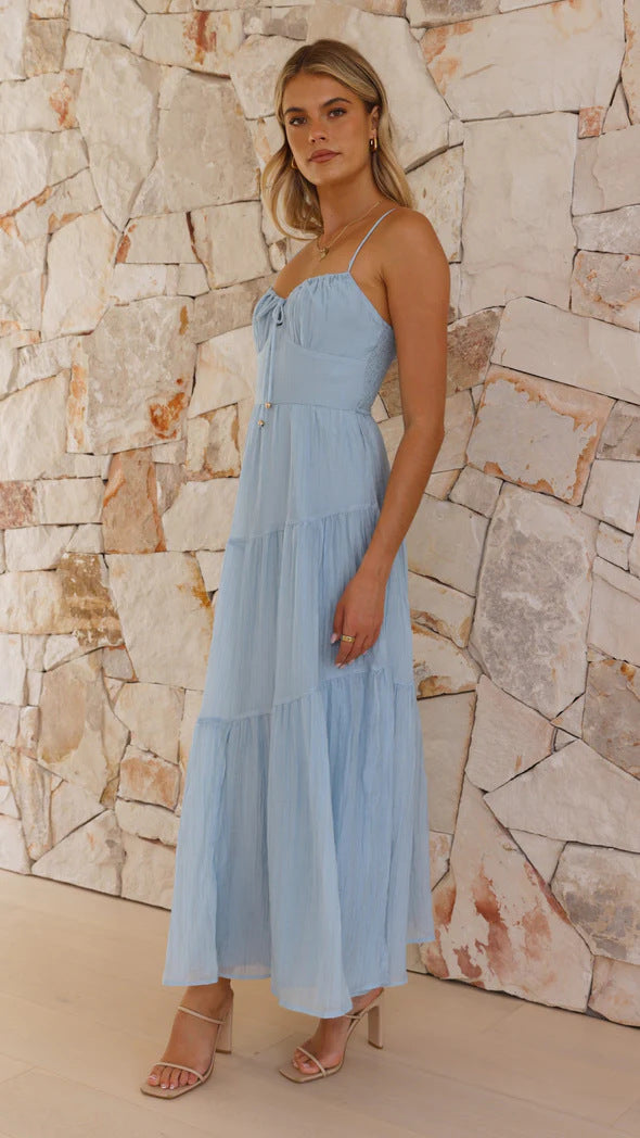 Sleeveless Splicing Sling Long Backless Lace-Up Large Swing Dress