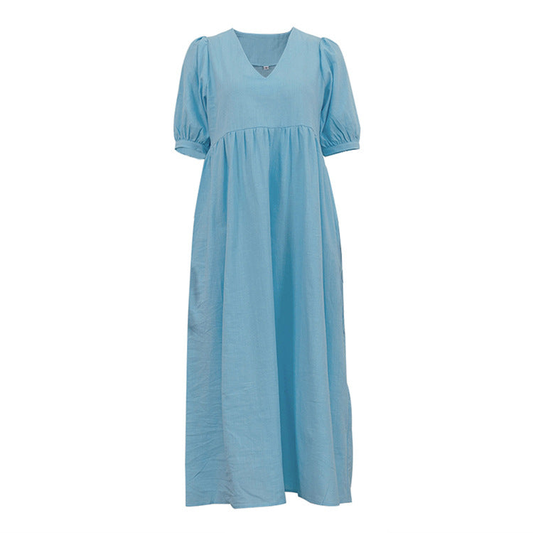 French Lightly Mature V-Neck Puff Sleeve Dress