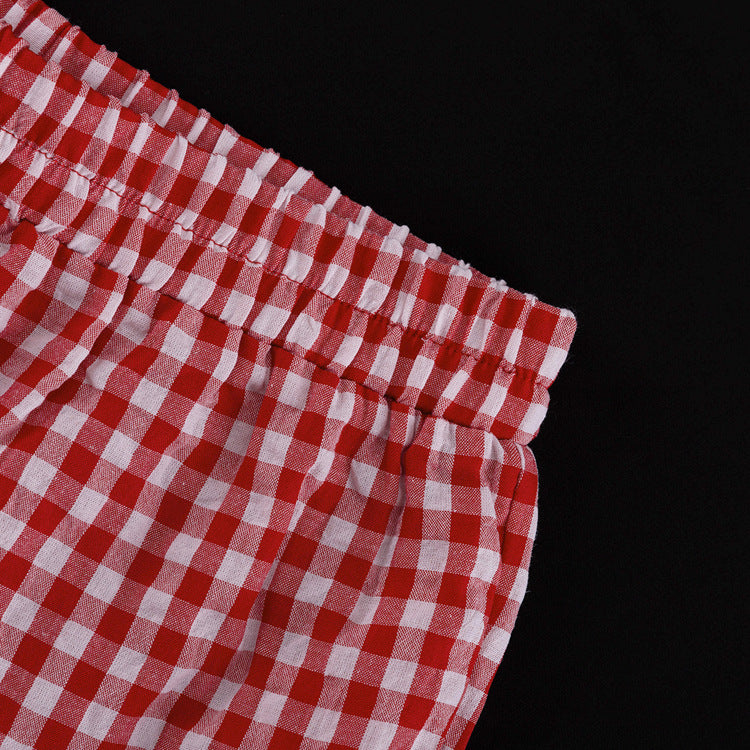 Plaid Lace-Up Top & Wide-Leg Pants Pajamas Set