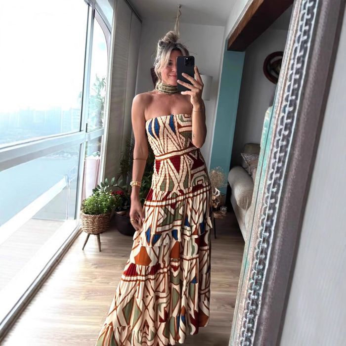 Summer Women Retro Boho High Waist Printing Slip Dress