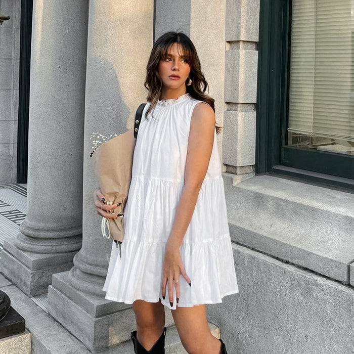 White Bow Lace-Up Elegant Loose Short Dress