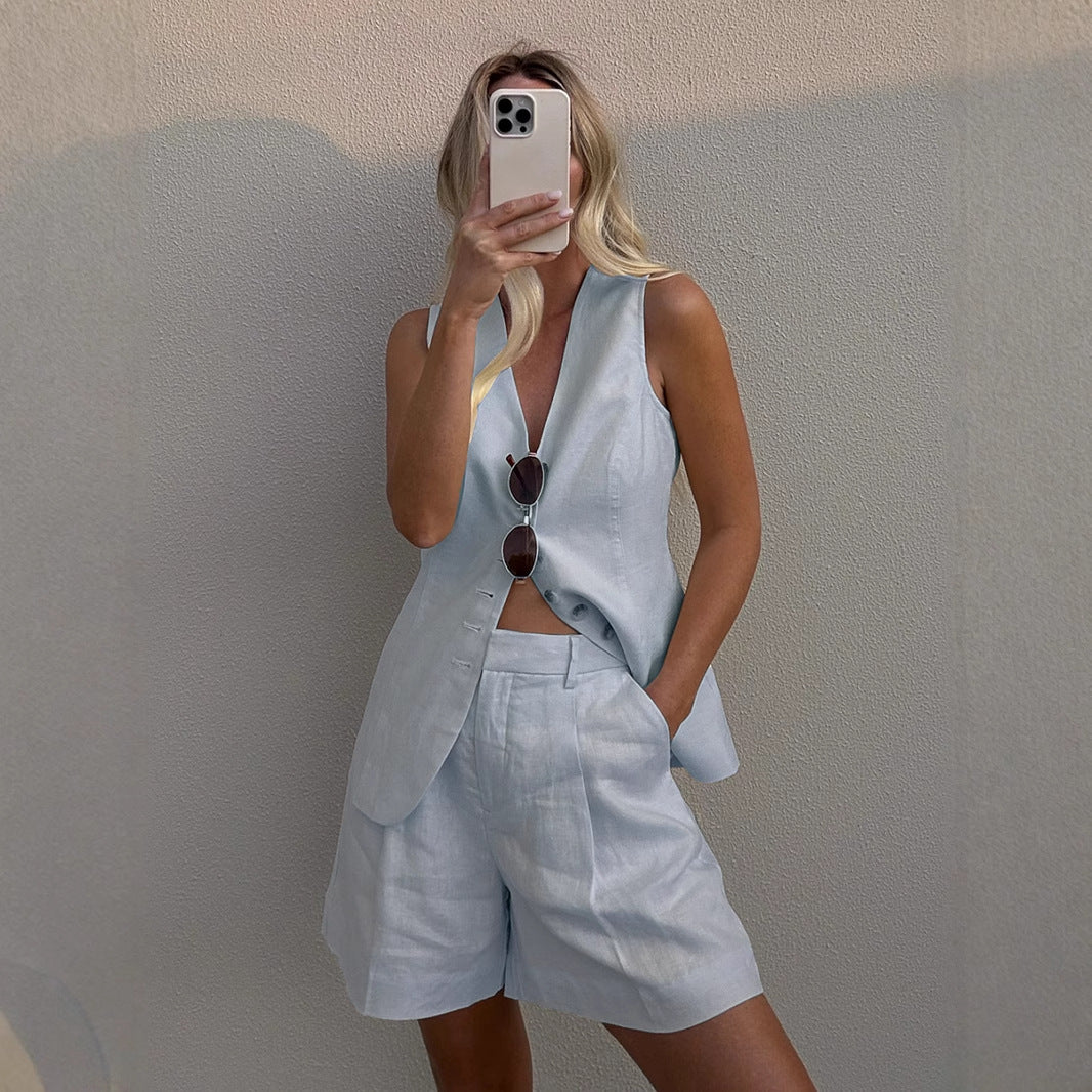 Cotton Linen Vest & Shorts Set