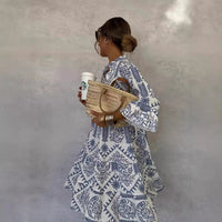 Printed 3/4 Sleeve Casual Shirt Dress
