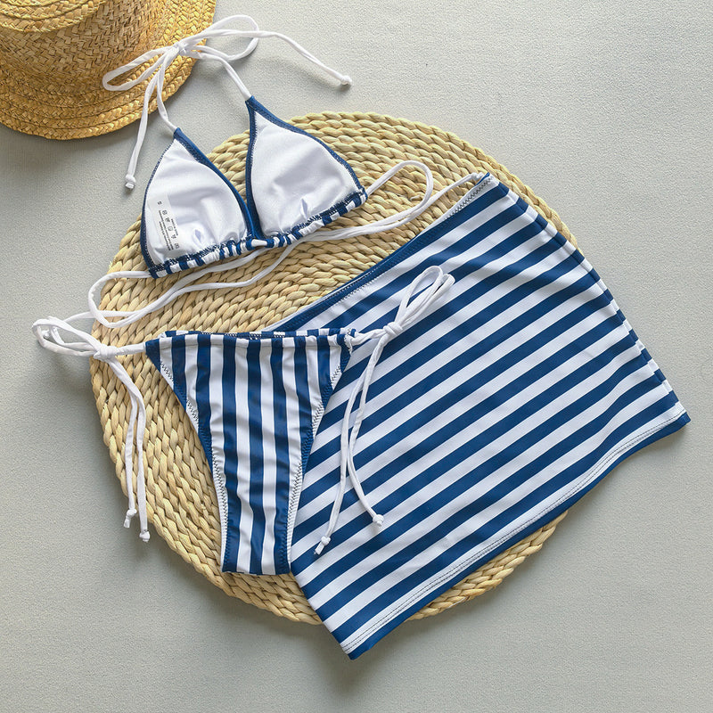 Striped Three-Piece Bikini Set