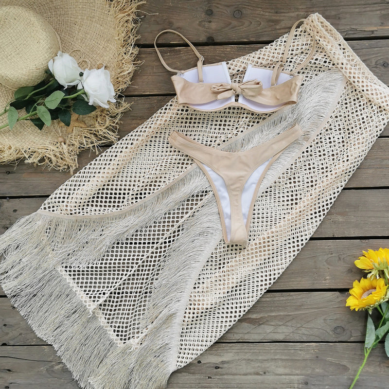 Bikini Half-Length Tulle Skirt Tassel Three-Piece Set