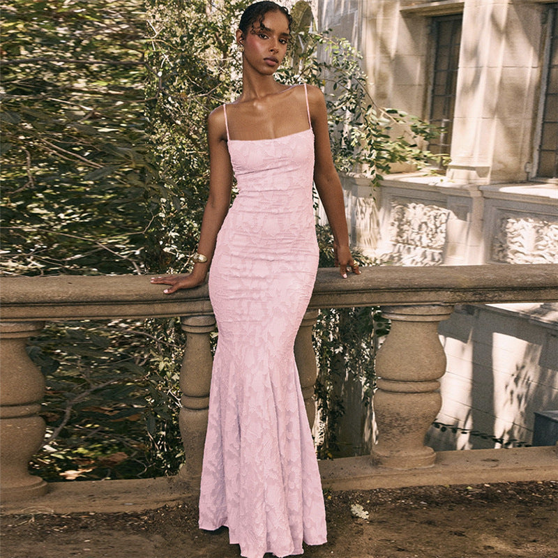Boat Neck Backless Lace-Up Slim Strap Dress