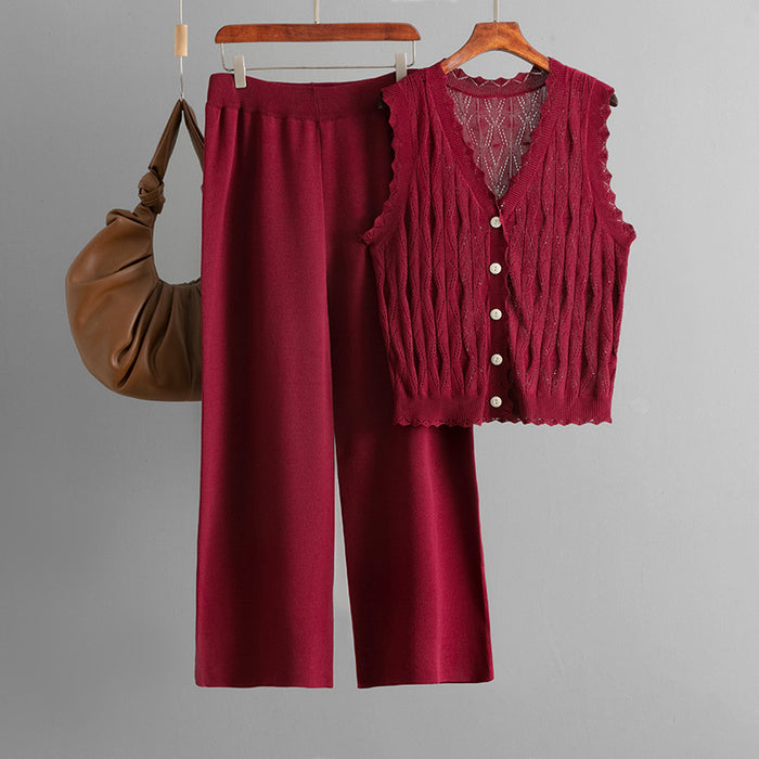 Knit Vest, Cardigan &amp; Pants Three-Piece Set