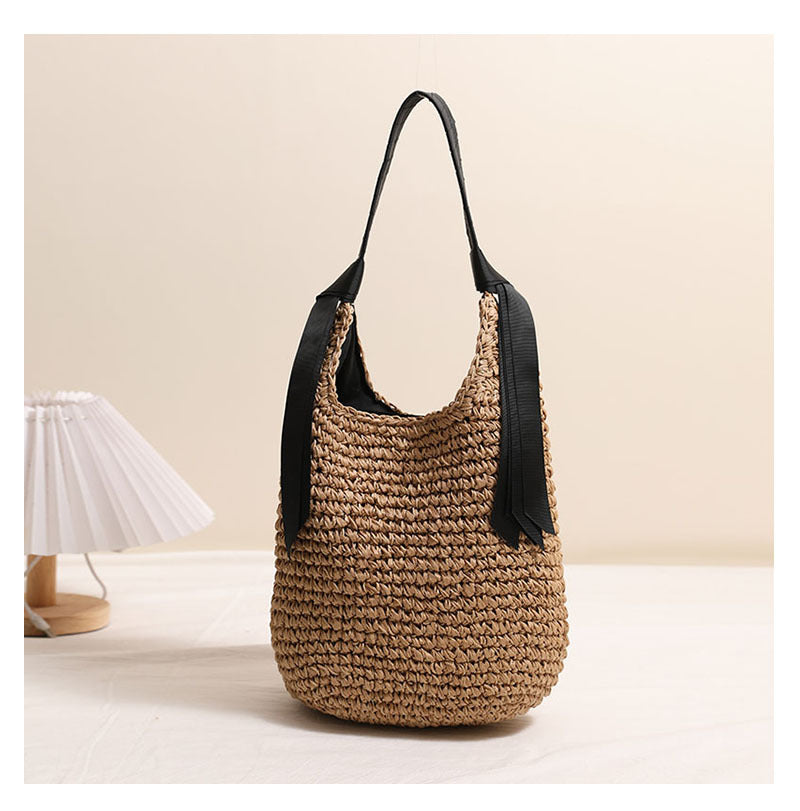 Ribbon Shoulder Straw Bag Large Capacity Solid Color Woven Bag Seaside Vacation Beach Bag Straw Bag