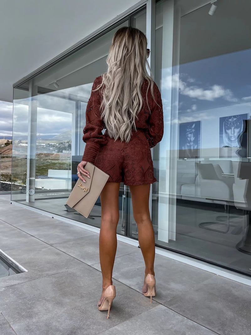 Lace Trimmed Stand Collar Shorts Suit
