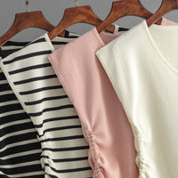 Ice Silk Knitted Sleeveless V-neck T shirt Women Summer Chic Drawstring Short Slim Top