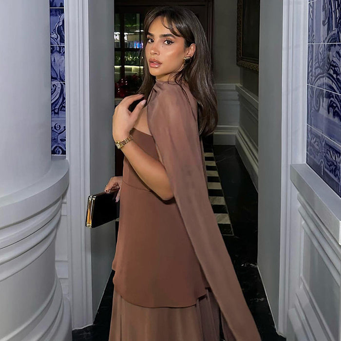 Women Spring Clothing Sexy Slim Fit Backless Mesh Stitching Tube Top Dress Scarf Collar