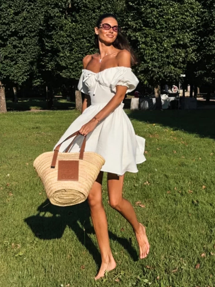 Off Shoulder Short Sleeve Lace-Up Dress