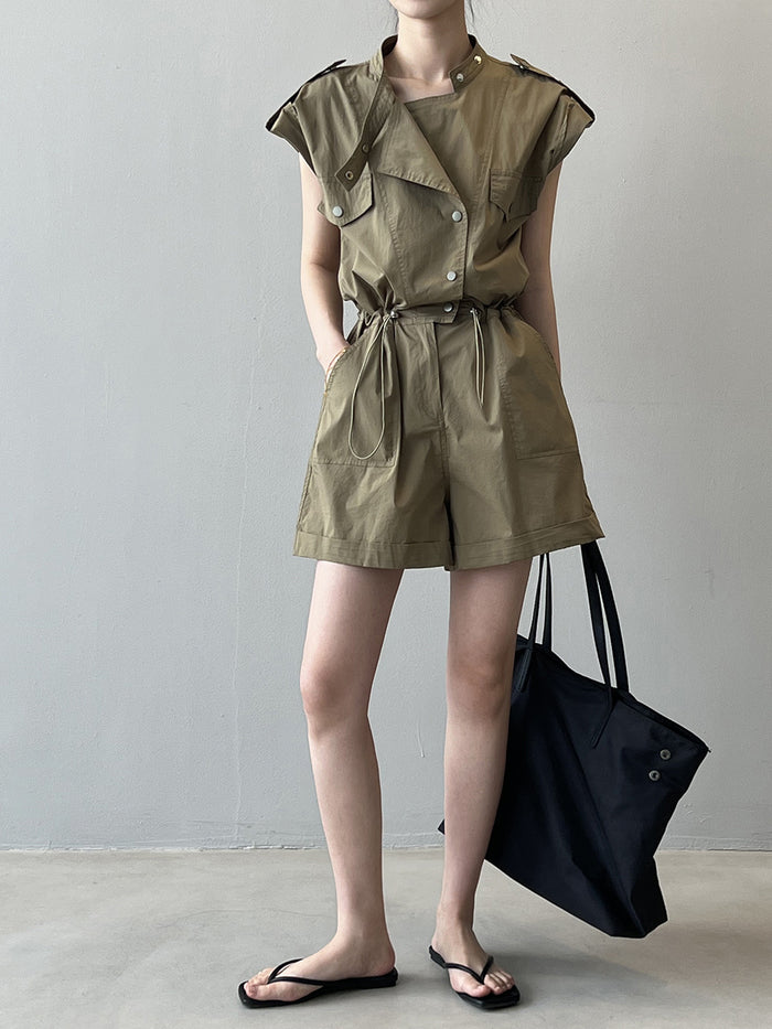 High-Waist Drawstring Cargo Overalls