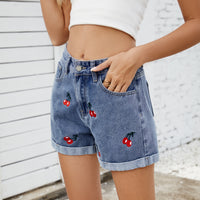 Women Clothing Washed Cherry Embroidery Denim Shorts Pants