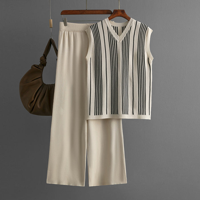 Striped V-Neck Knit Top and Pants Set
