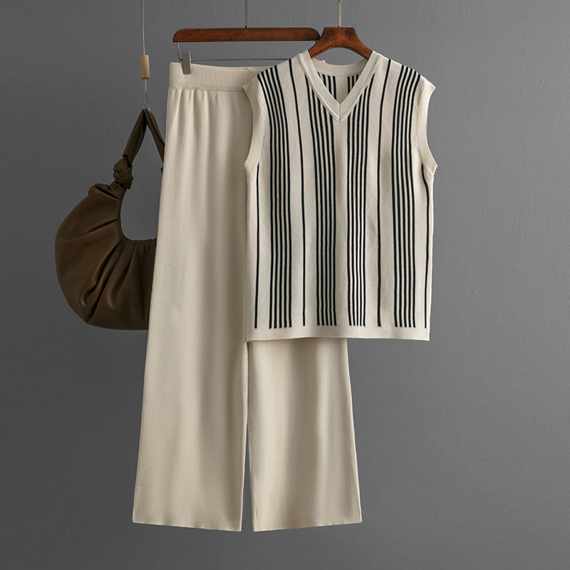 Striped V-Neck Knit Top and Pants Set