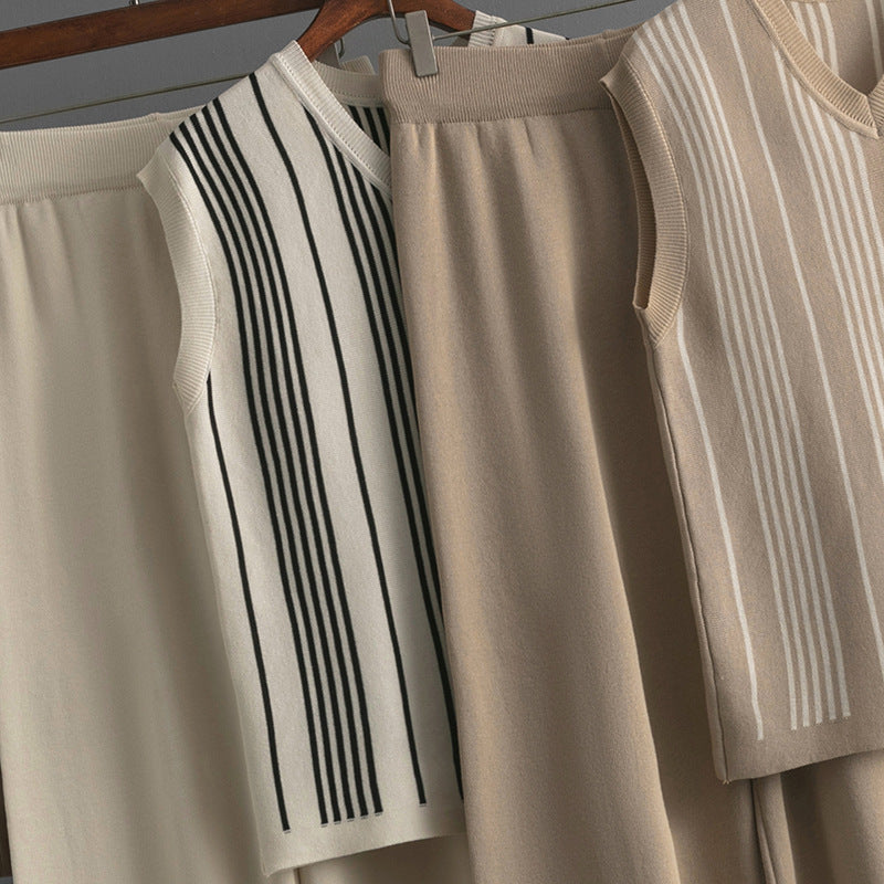 Striped V-Neck Knit Top and Pants Set