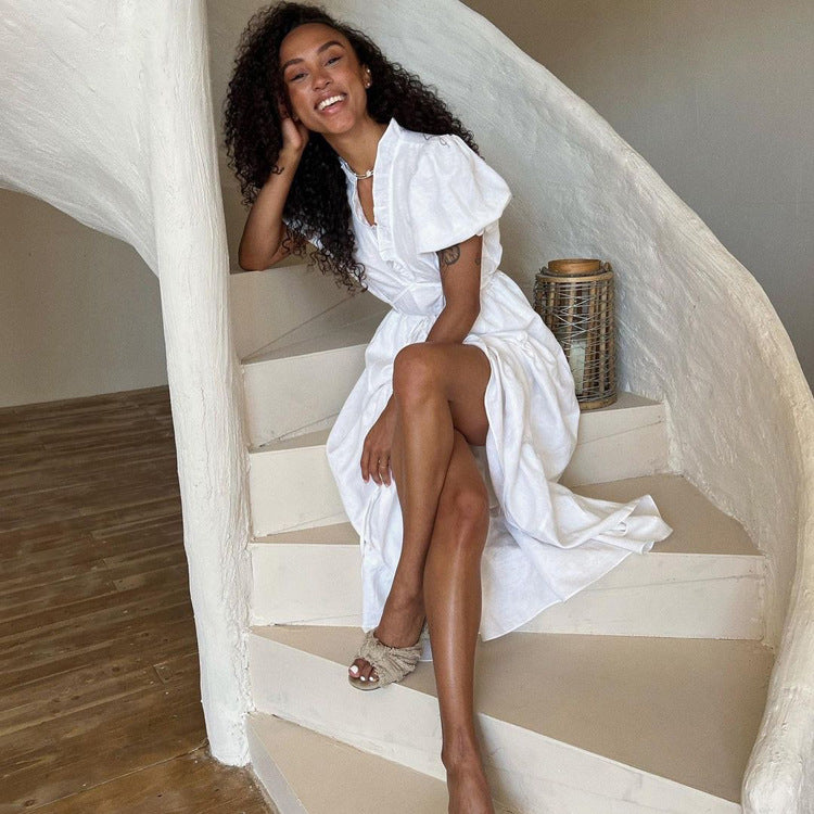 Elegant French White Summer Dress