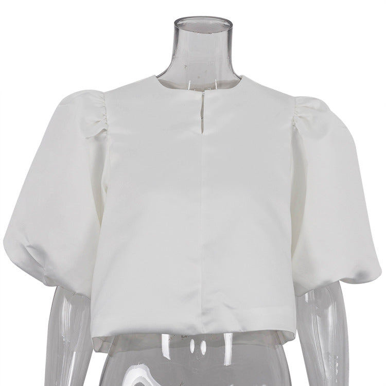 Satin Puff Sleeve Loose White Top