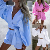 Cotton-Linen Pleated Lace-Up Two-Piece Set