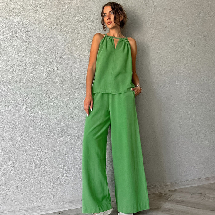 Khaki Cotton Linen Hollow Out Cutout Tied Sleeveless Halter Vest Wide Leg Pants Set
