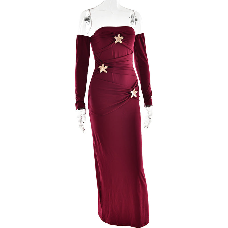 Pleated Long Sleeve Slim Fit Dress