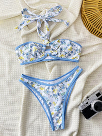 Bikini Sexy Print High Slit Halter Backless Swimsuit